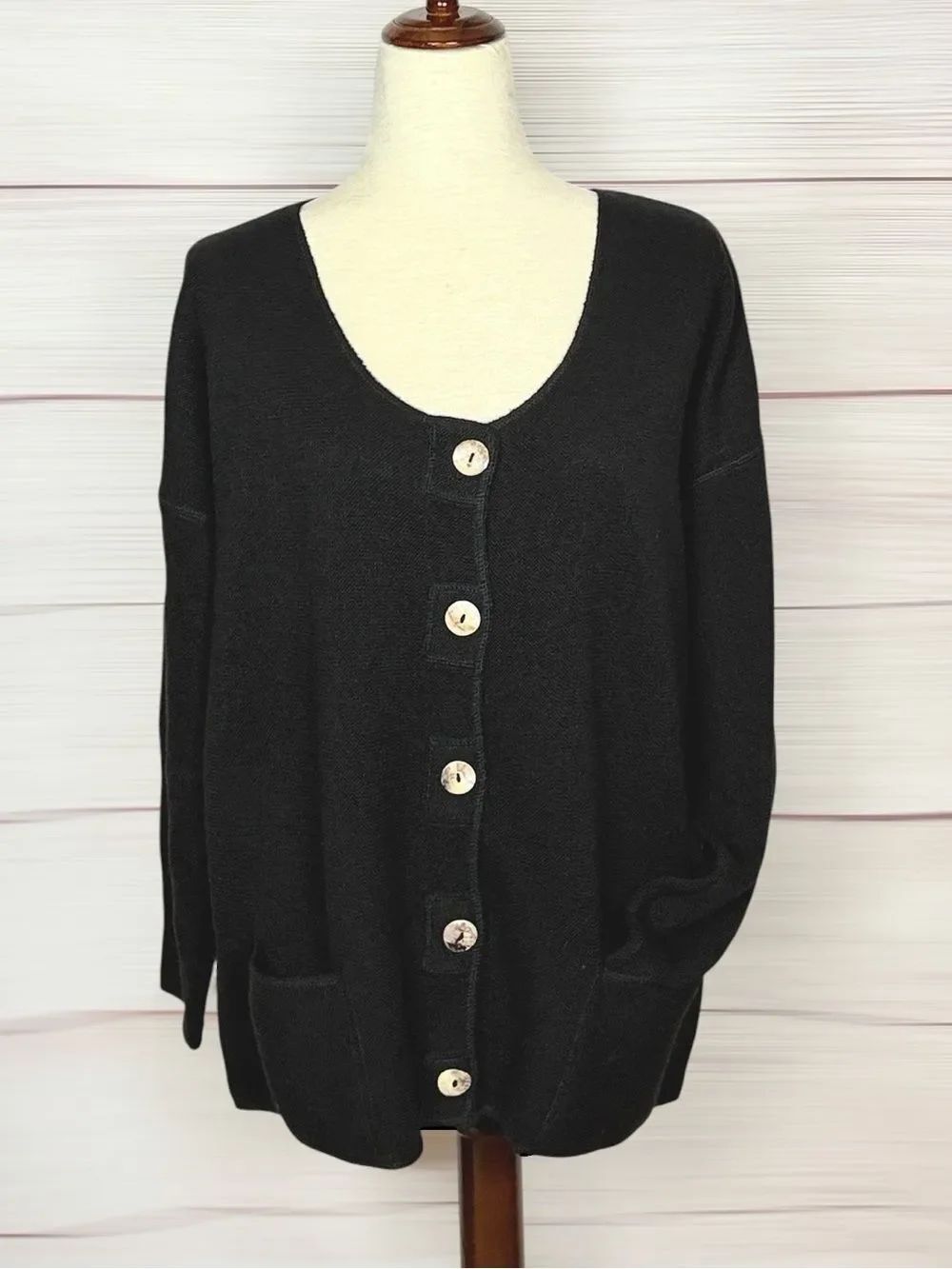 BEYOND THREADS Black Cardigan Alpaca Wool Blend Pockets Oversized size M-XL Peru
